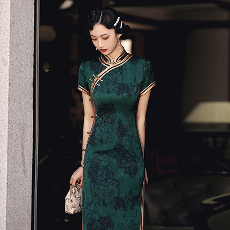 YG-993格格旗袍绿色改良春季立领复古气质日常斜襟修身长款旗袍