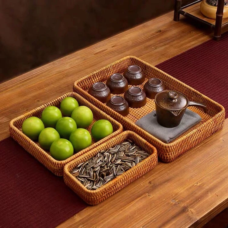 越南藤编托盘日式面包点心水果篮纯手工编织长方形茶具托盘三件套