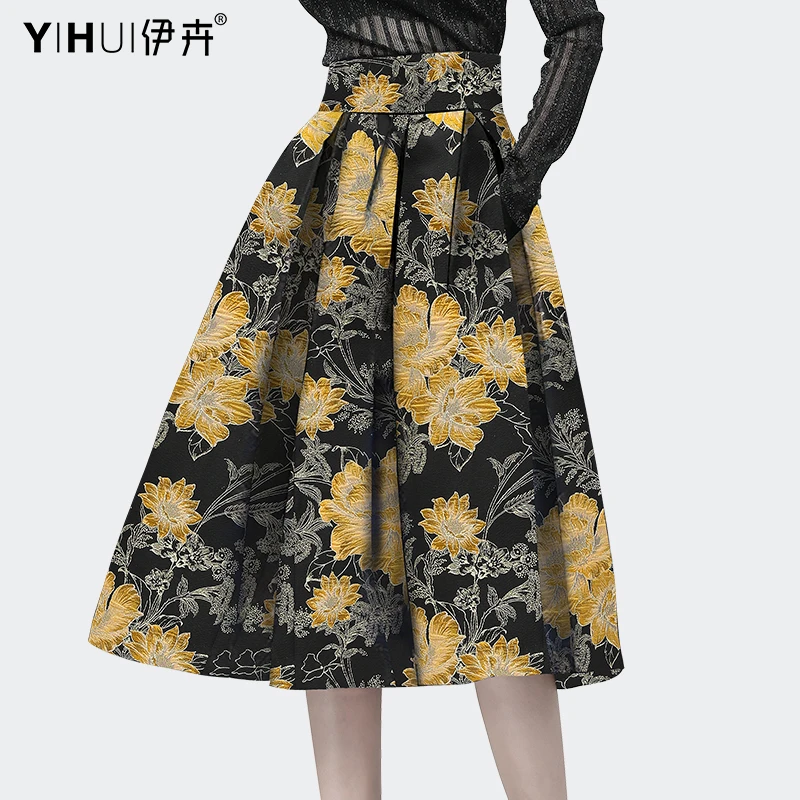 YIHUI伊卉百褶半身裙女春款气质绣花A字裙夏季中长款裙子BH13322