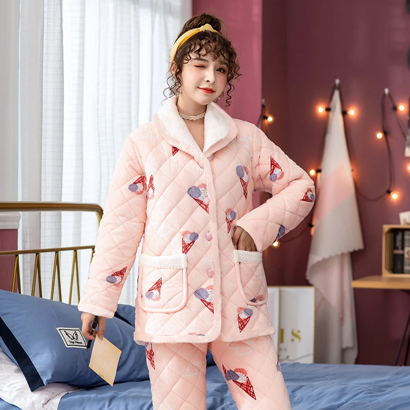 【0707多花色】珊瑚绒睡衣女秋冬季三层加厚夹棉家居服套装