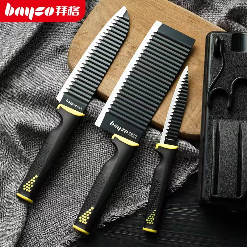 拜格不锈钢孔纹柄波浪纹刀具三件套家用菜刀切片刀水果锋利多功能
