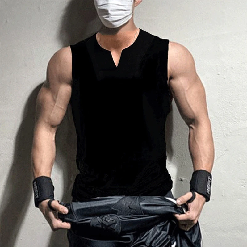 2022新款男士健身V领无袖美式背心肌肉训练狗兄弟坎肩袖T恤运动服