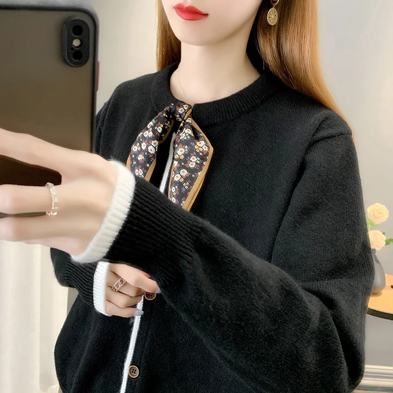 53118-黑色【晶姐优选】圆领丝巾针织衫开衫外套女士百搭毛衣上衣女