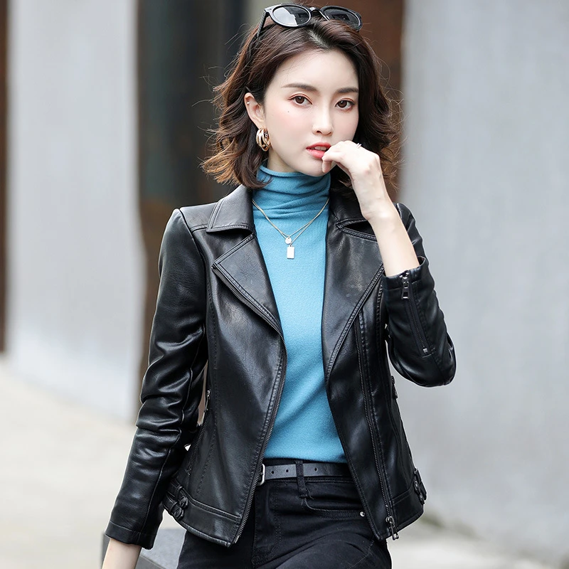 时尚气质短款PU皮衣长袖翻领修身机车皮夹克小外套女