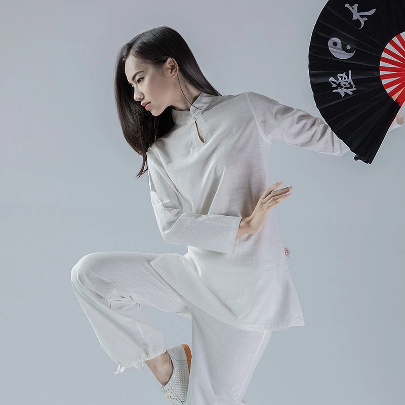 亚麻太极服女套装夏款绿色女式太极练功服棉麻太极拳服装夏中国风