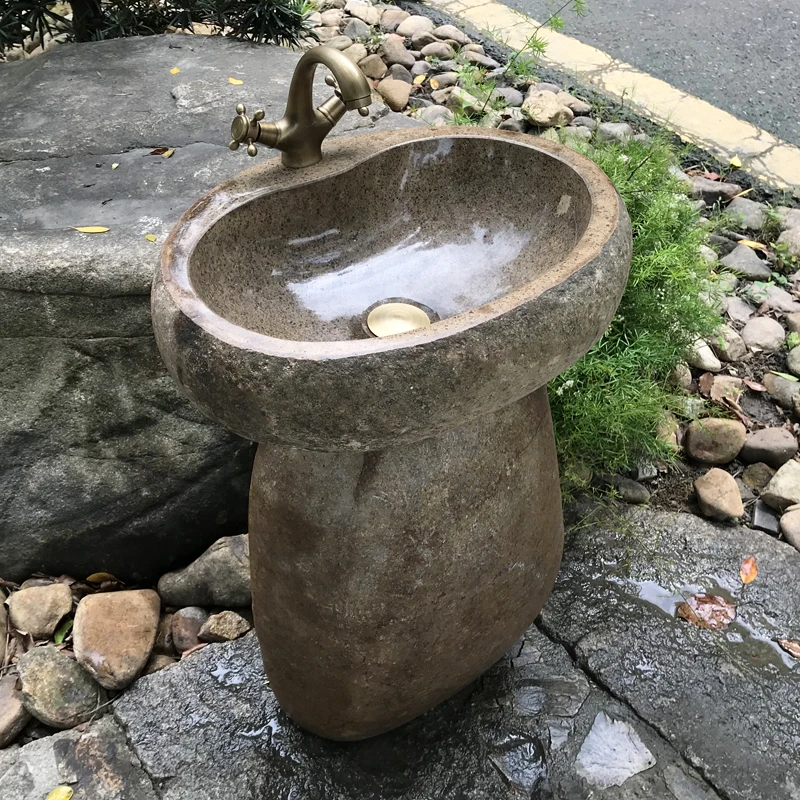 自然洗手盆天然鹅卵石庭院立柱盆石头户外拖把池落地洗手池