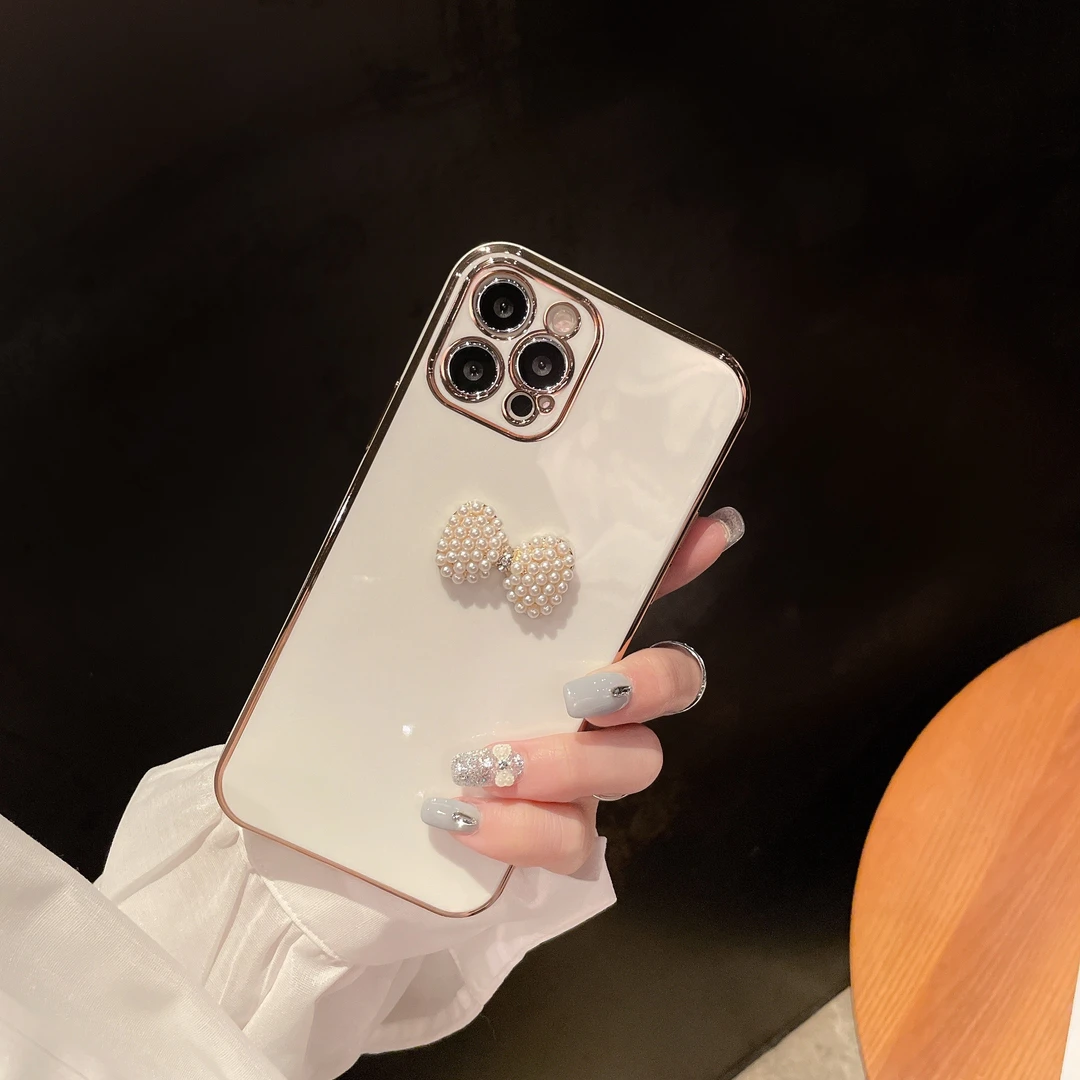 珍珠蝴蝶结适用13/13PRO苹果12手机壳iphone11Pro max电镀x全包镜