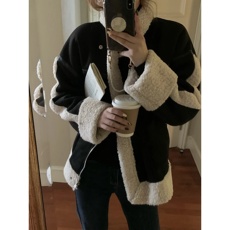 行走的棉被！！ 加绒摇粒绒皮毛一体羊羔毛绒机车外套女