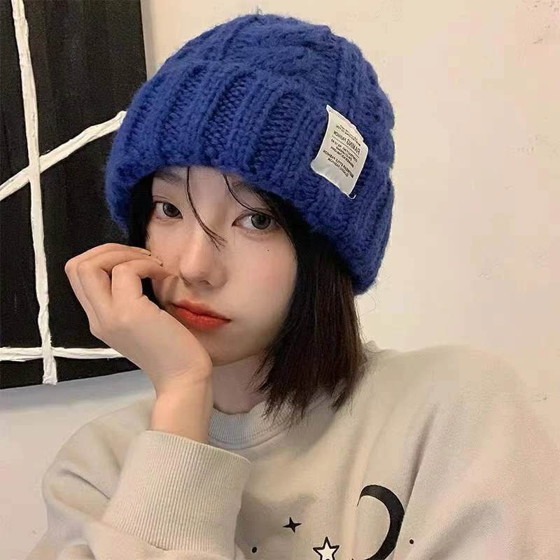 克莱因蓝针织帽保暖显脸小毛线女秋冬百搭护耳加厚堆堆帽纯色贴布