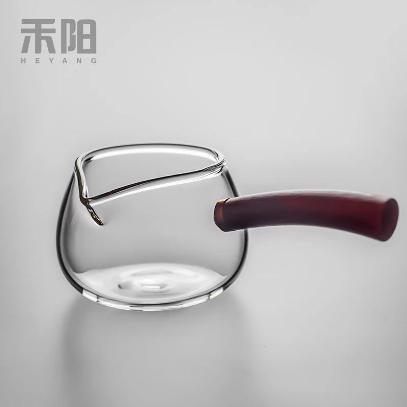 1禾阳 玻璃公杯侧把木把分茶公杯茶 倒茶器加厚大茶海耐热家用