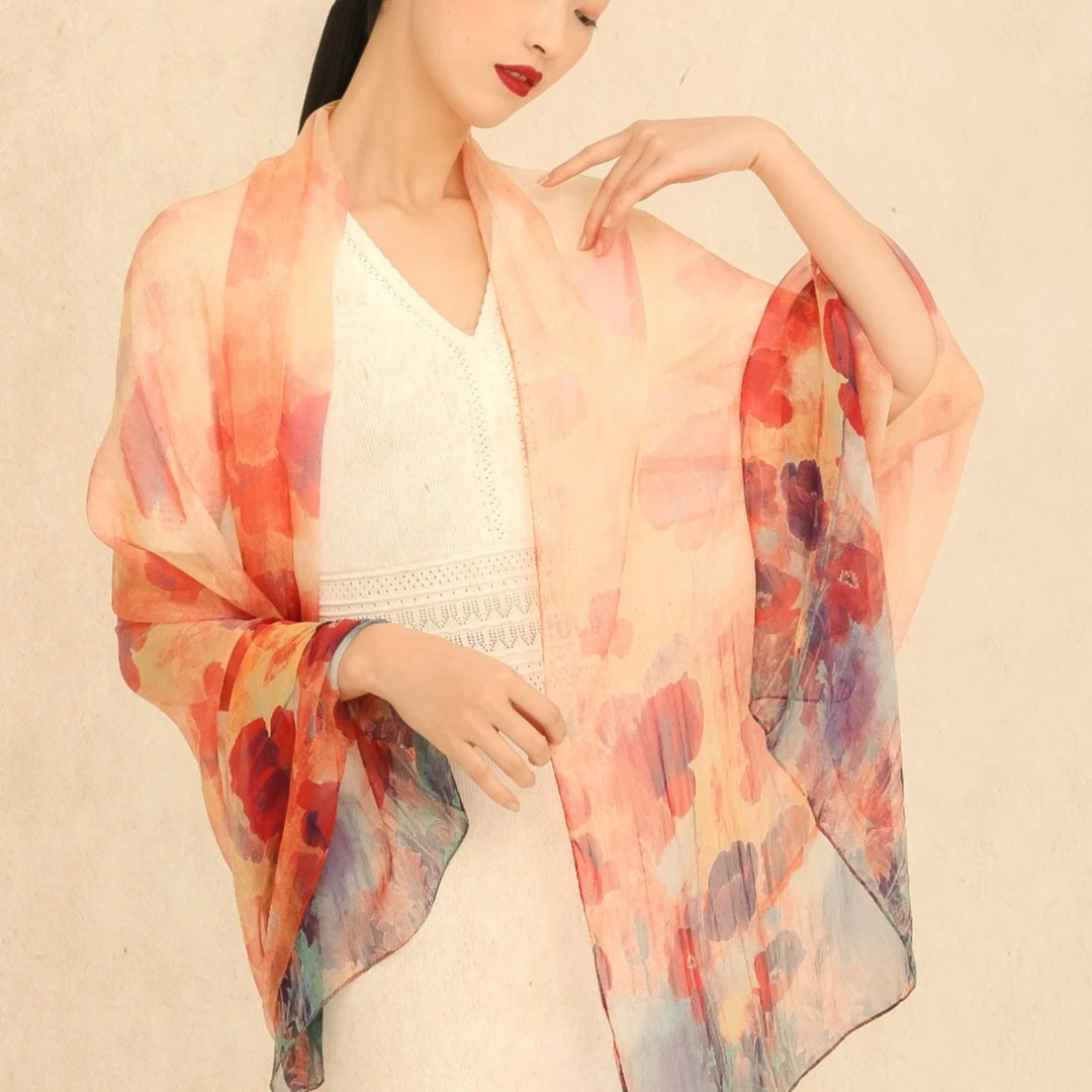 【虞美人】100桑蚕丝175*108cm真丝丝巾长巾丝绸礼品