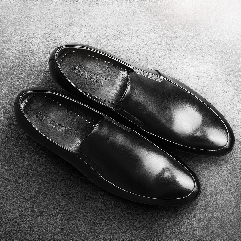 VQGT英伦商务正装皮鞋男真皮尖头一脚蹬男鞋头层牛皮乐福鞋男婚鞋