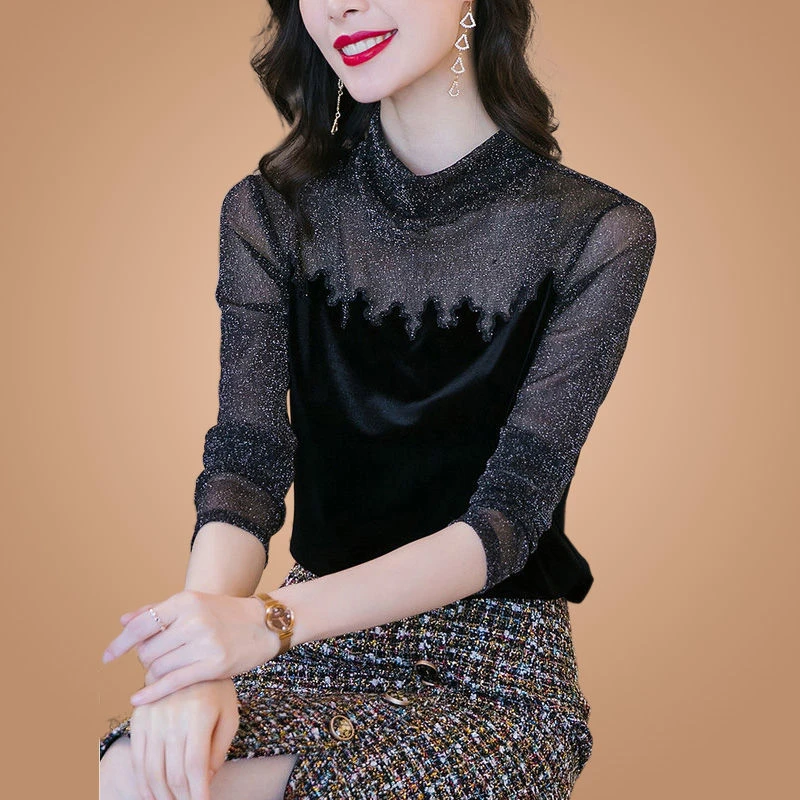 XY金丝绒上衣女2021春秋新款网纱半高领植绒内搭打底衫上衣