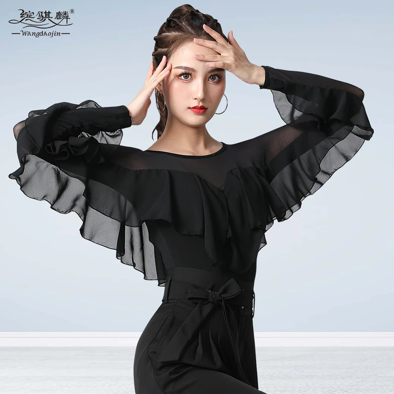 摩登舞练功服女国标舞交谊舞黑色长袖跳舞蹈衣服拉丁舞上衣连体秋