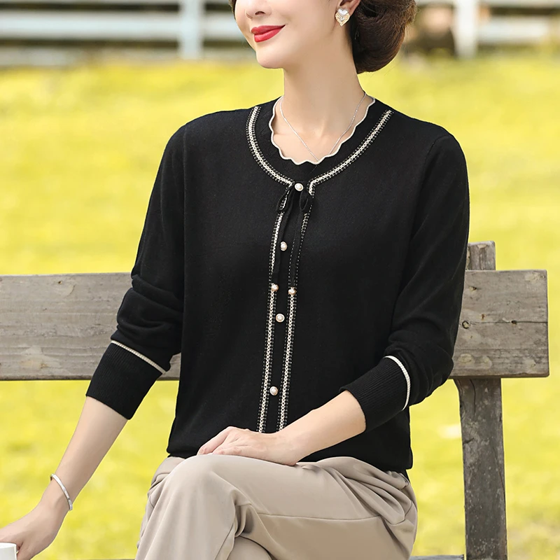 SL妈妈秋装洋气针织打底小衫中年女春显瘦毛衣中老年长袖上衣2206