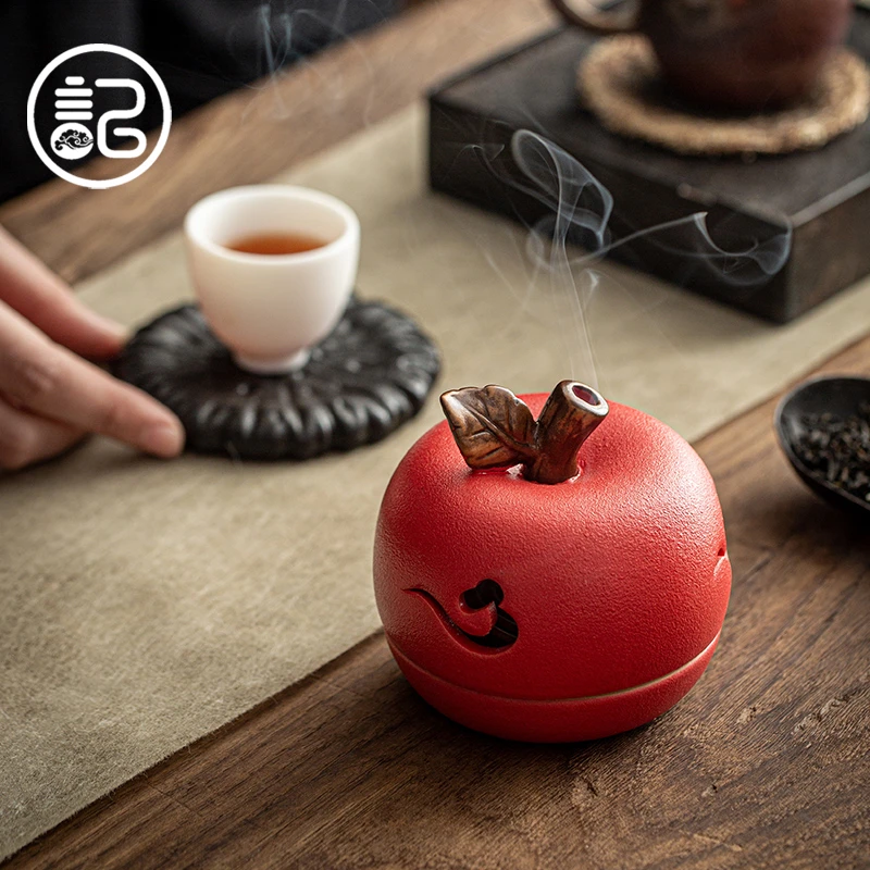现代简约陶瓷香薰炉 创意红色柿子苹果茶道盘香炉