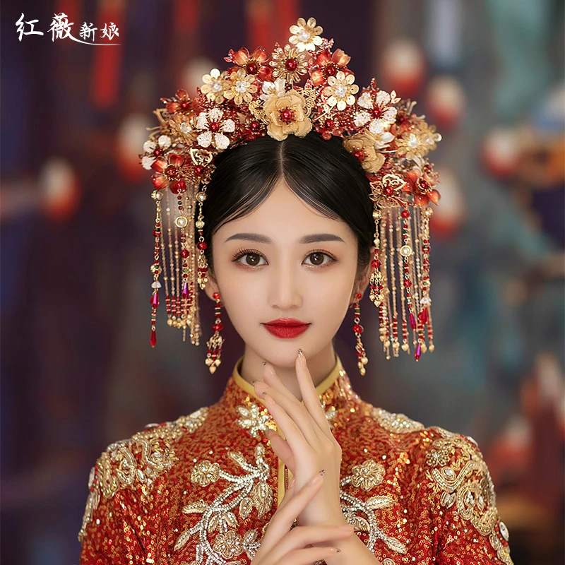 红色中式头饰新娘秀禾服发饰古装凤冠高级结婚凤冠霞帔婚服配饰