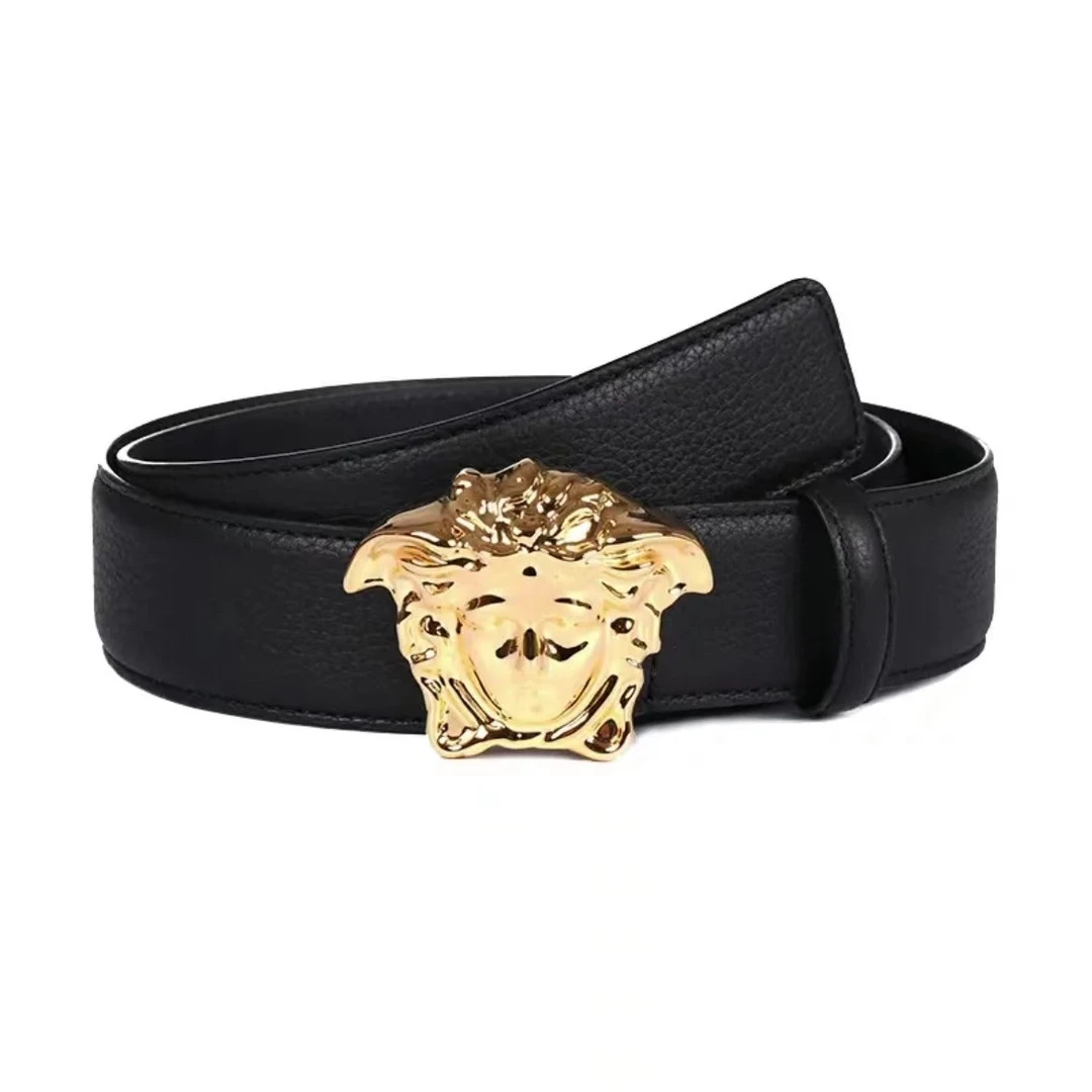 99新 Versace/范思哲  金标荔枝纹黑色腰带 4CM宽 经典 时尚 商务