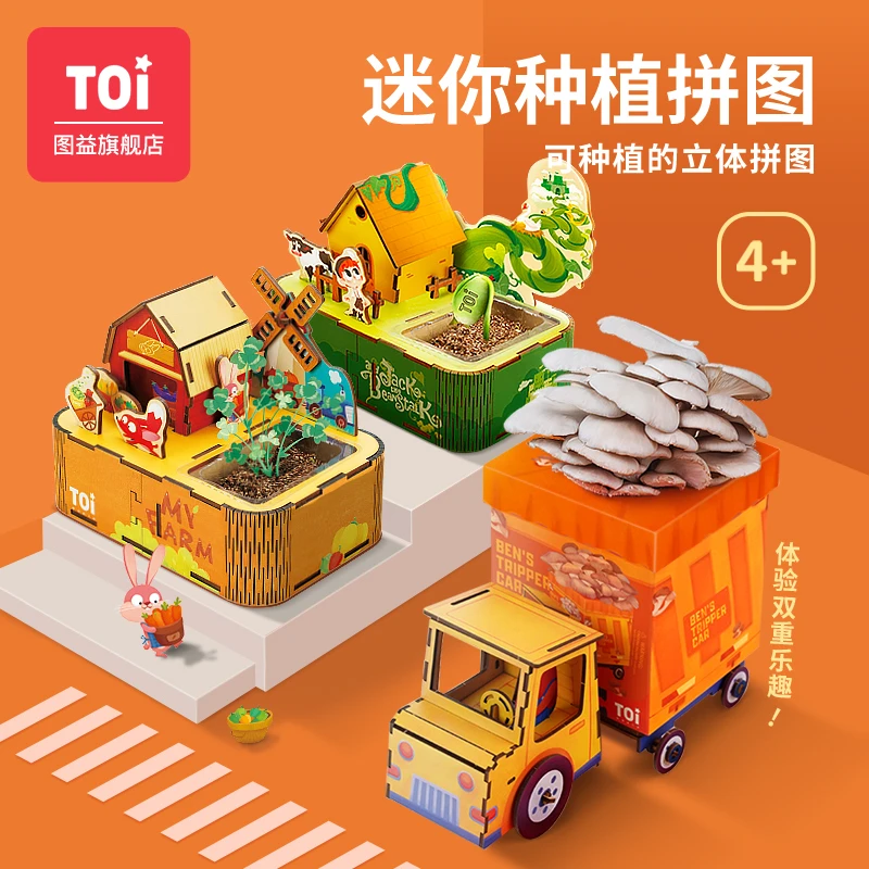 TOI/图益3D立体木质植物种植拼图儿童益智手工玩具