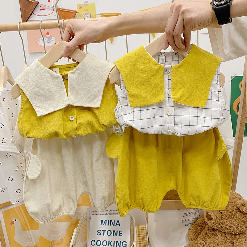 宝宝短袖套装2023夏季新款韩国童装男女童娃娃领领无袖短裤两件套