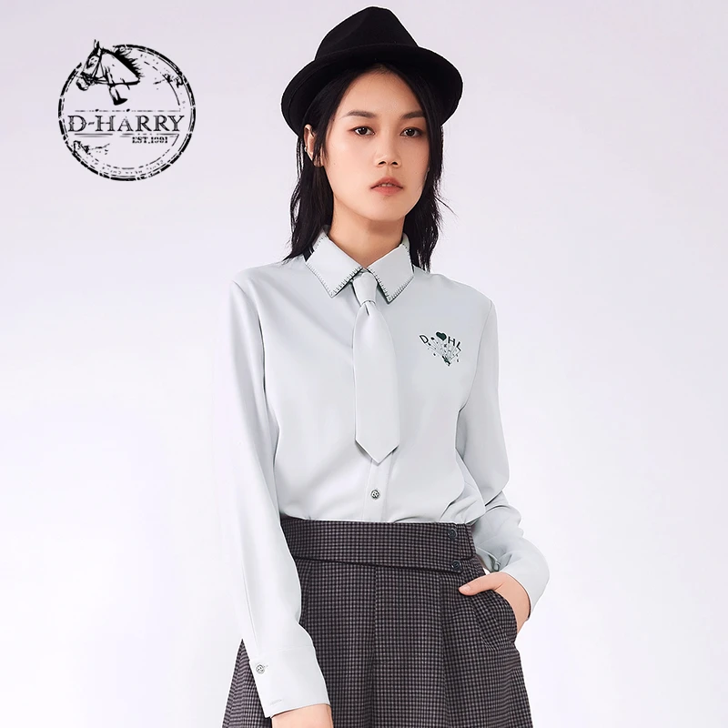 D-HARRY/迪哈利春女复古知性撞色带领带衬衫DH211D92377D长袖