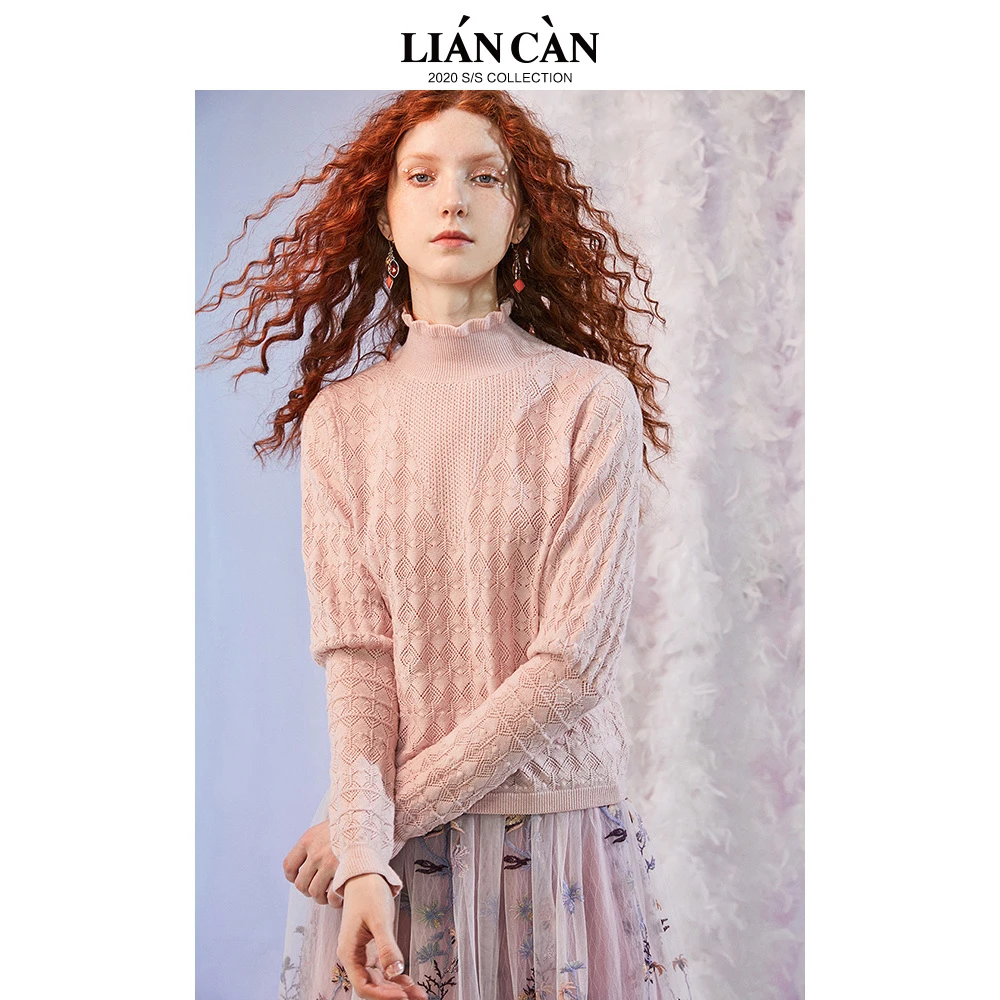 【莲灿】2025新设计感浪漫花瓣领提花高领粉色套头针织衫7120433004