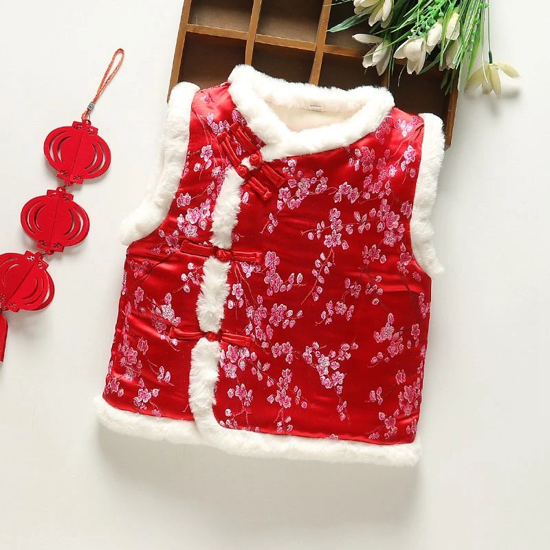 儿童唐装女婴儿中国风夹棉冬周岁宝宝新年红色女童秋表演背心马甲