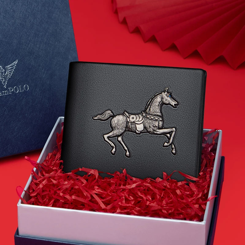 WILLIAMPOLO英皇保罗立体马图腾牛皮男士短钱包短款商务时尚青年