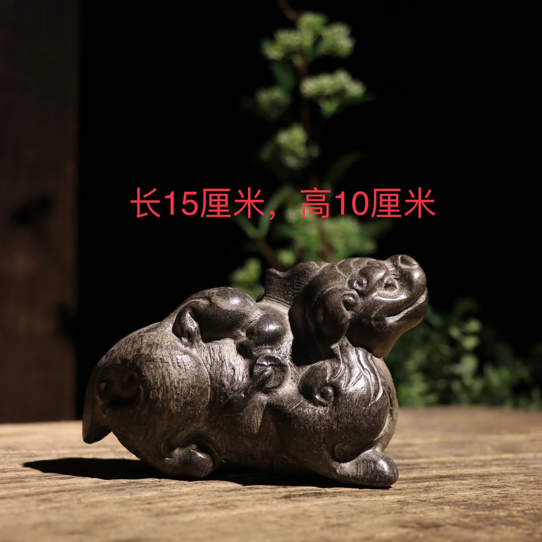 青石雕子母貔貅十二生肖茶宠把玩摆件雕刻动物工艺品石头茶室装饰
