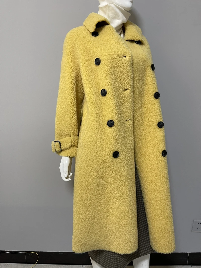 100分颗粒羊毛时尚小翻领带腰带双排扣大衣