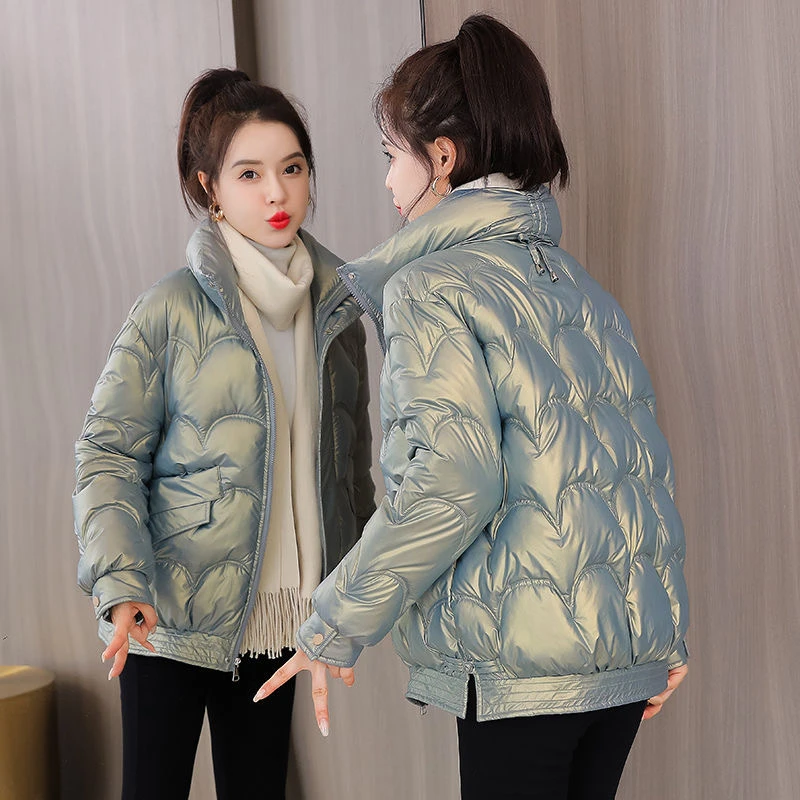 免洗棉服女2022年秋冬新款网红洋气亮面短款小个子修身外套