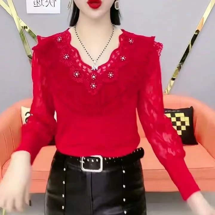 2169珍珠拼接蕾丝时尚加绒春季秋冬外穿打底衫