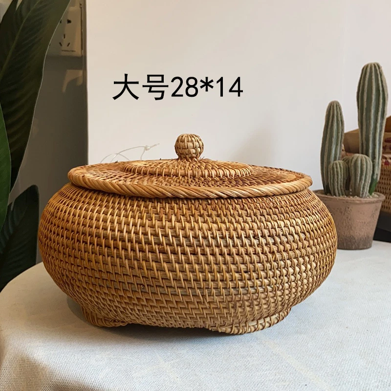 越南藤编 28*14三角底带盖收纳盒家用茶几圆形收纳筐水果篮储物