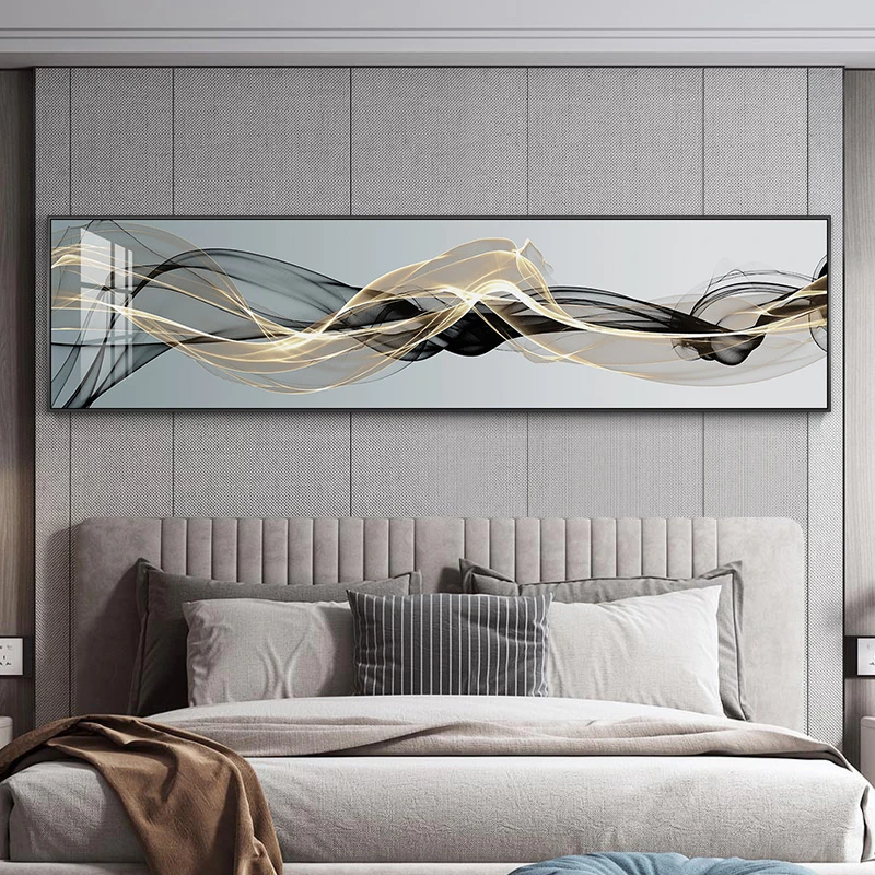 现代简约卧室床头装饰画抽象黑白线条挂画轻奢横主卧房间墙上壁画