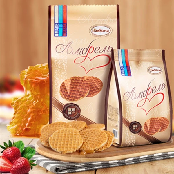 俄罗斯进口阿孔特香甜蜂蜜焦糖牛奶拉丝瓦夫饼小包装休闲零食408g