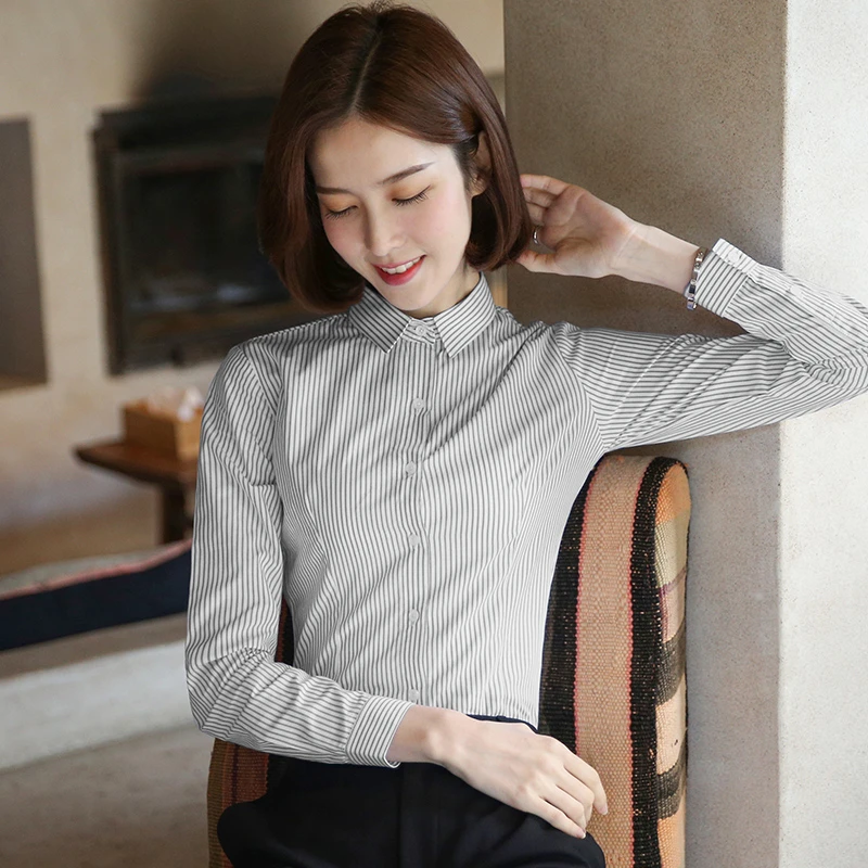 （长袖条纹-60棉）衬衫女长袖春秋设计感小众工作服竖条纹时尚百搭