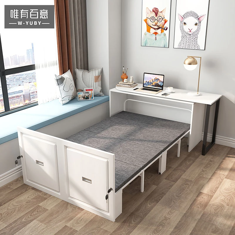 多功能现代电脑办公桌书柜组合隐形折叠午休床书柜书桌折叠床一体