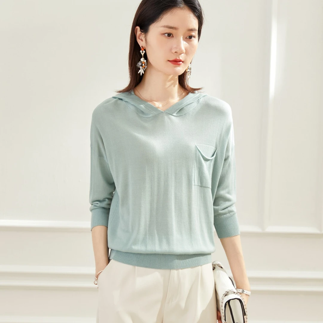 兔皇新款连帽口袋纯色百搭女套衫针织衫/TW12Z4318/4318