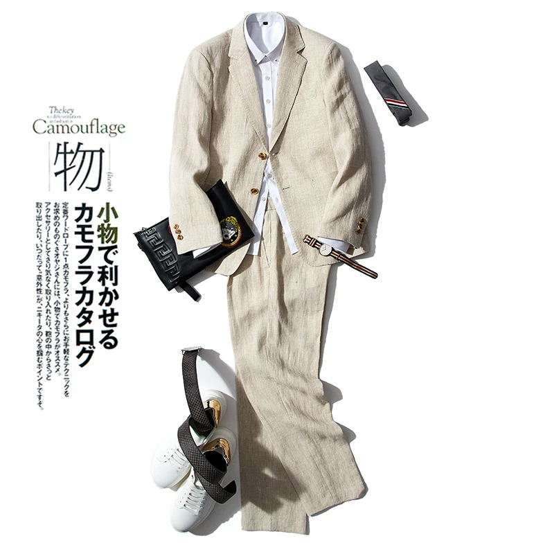 轻薄时尚日系复古亚麻休闲西服套装男士英伦绅士修身西装两件套潮