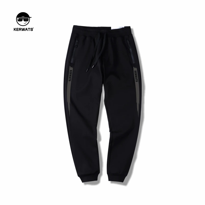 KERWATS大码秋冬黑色加绒加厚休闲长裤胖子宽松潮牌运动小脚卫裤