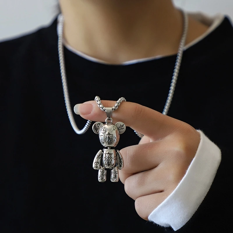 钛钢项链 可转动小熊吊坠百搭潮款和平小熊项链嘻哈长毛衣链配饰