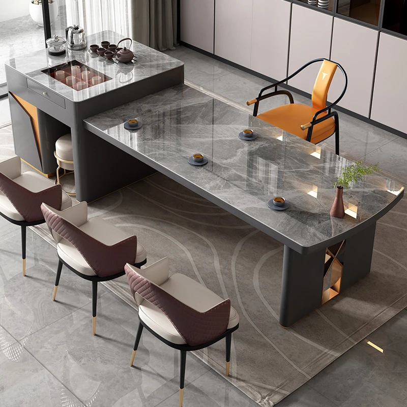 岩板泡茶桌轻奢现代多功能办公室接待桌可拉伸岛台家用茶桌椅组合
