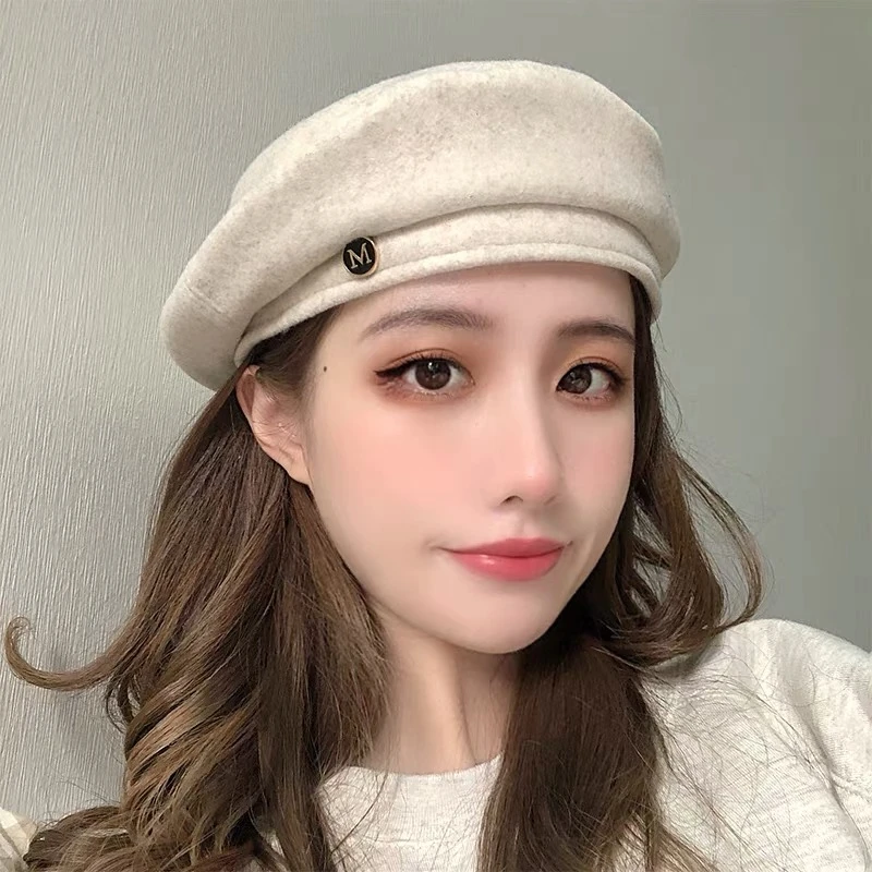 秋冬女帽子M标毛呢贝雷帽ins网红韩版英伦复古毛呢画家帽