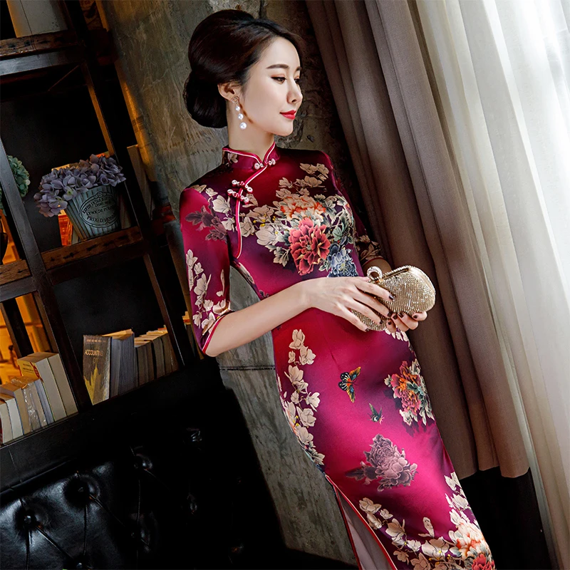巧祺2023夏季新品牡丹花开富贵花长款真丝桑蚕丝旗袍显瘦显年轻女
