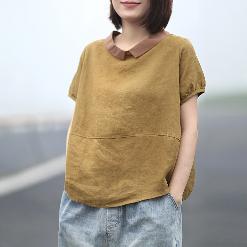 2024韩版休闲宽松随性棉麻衬衫女短袖欧根纱拼接翻领亚麻棉夏季