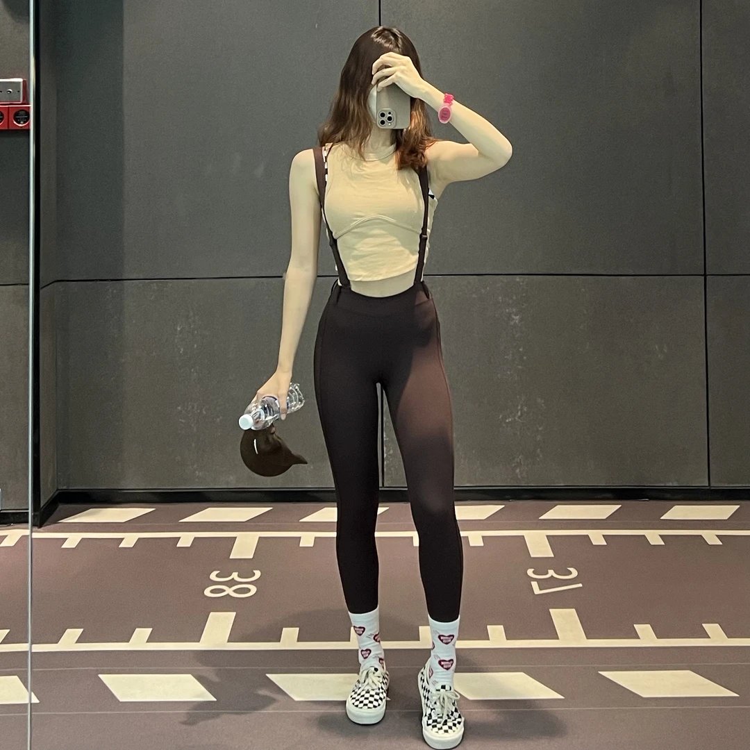 HIPOWER 运动健身背带裸感中高腰紧身弹力训练跑步瑜伽九分裤子女