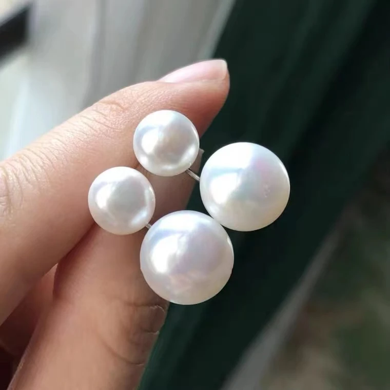 天然淡水珍珠耳钉925银大小双珠耳环