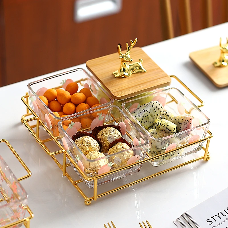 田园玻璃干果盘套装家用水果碗分格甜品台精致坚果客厅瓜子糖果碟