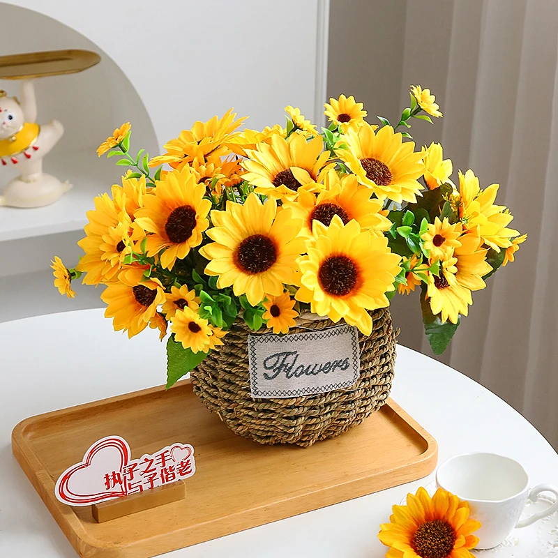 向日葵假花仿真花摆设客厅餐桌花艺用品摆件装饰花束绢花藤编盆栽