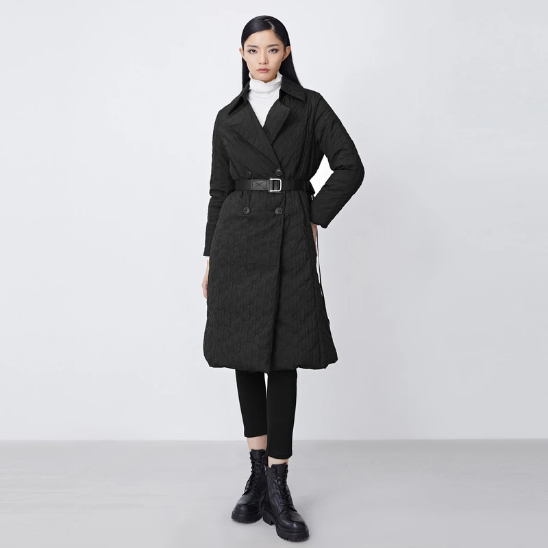 S·DEER休闲翻领双排扣肌理收腰长款羽绒服中长款保暖连帽秋冬